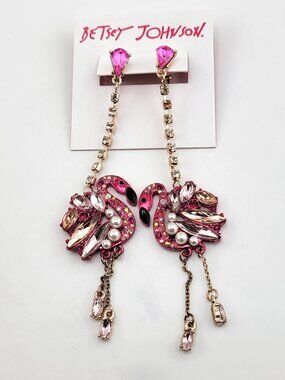 Betsey Johnson Flamingo Earrings Pink Rhinestone Pearl Dangle Statement